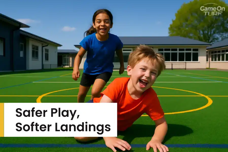 Smiling kids playing and falling safely on soft school turf.
