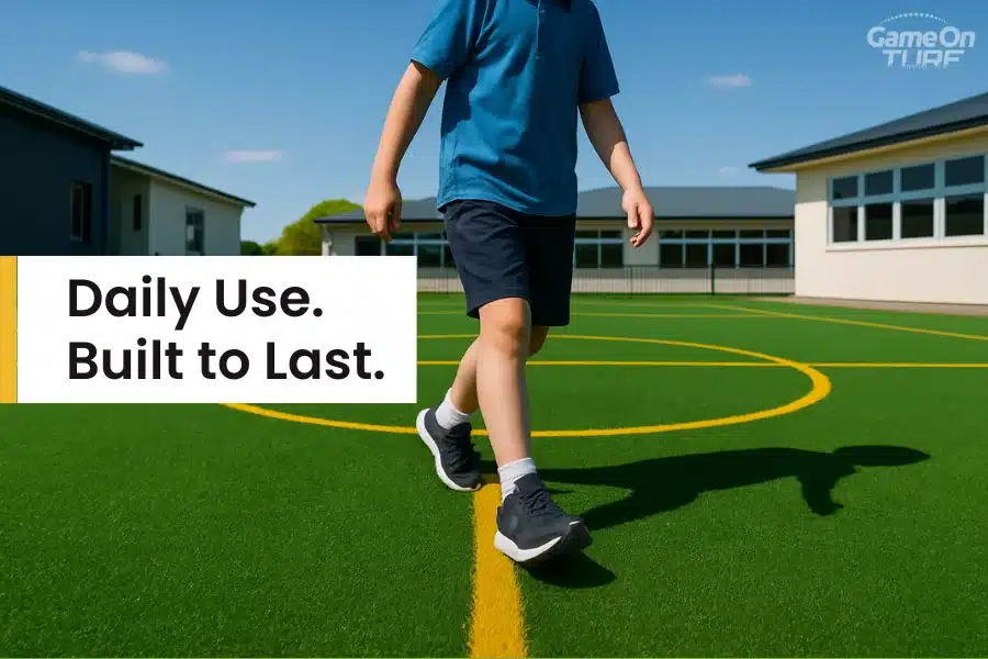Child walking on synthetic turf at school sports field.