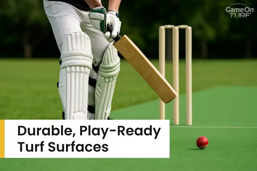 Cricketer standing on green turf pitch ready to strike red ball.