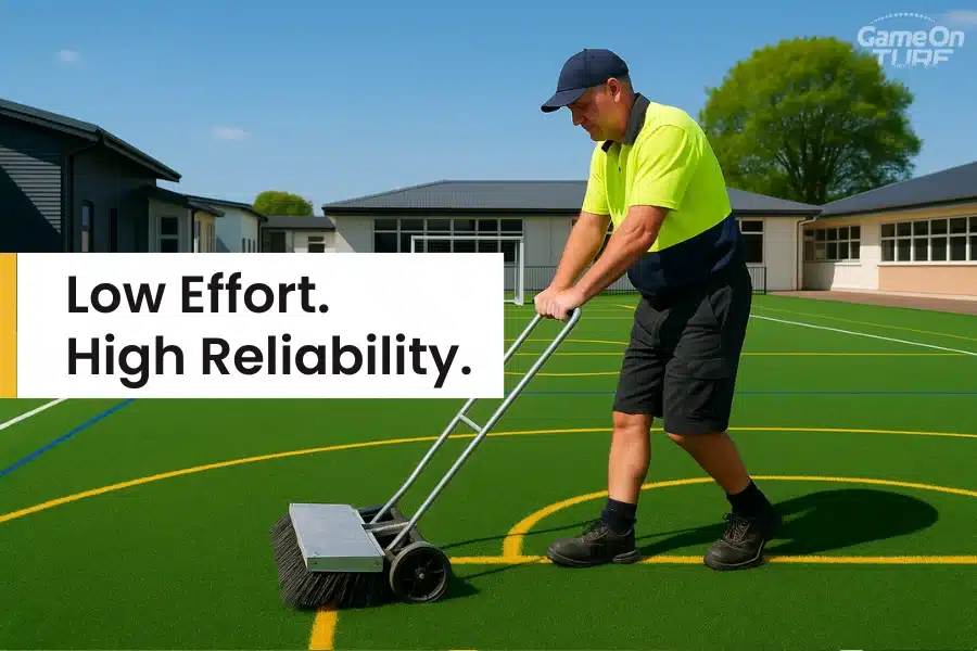 Worker maintaining turf surface with push broom at school playground