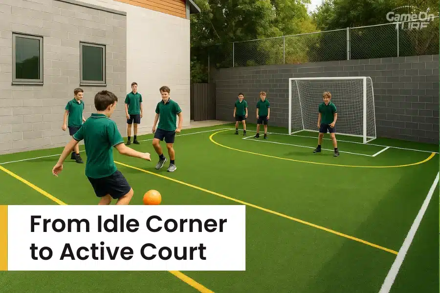 Boys playing futsal on small turf pitch next to school building.