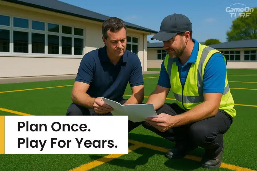 Two men discussing synthetic turf layout on school field.
