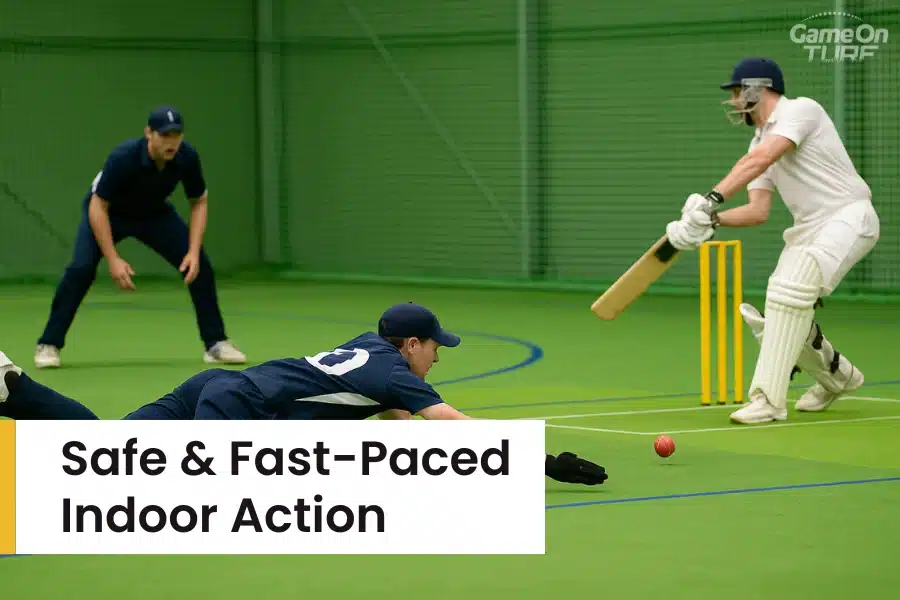 Indoor cricket players in action on green synthetic turf.