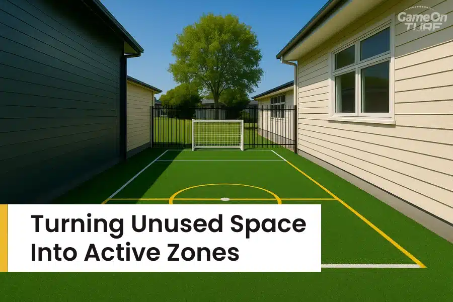 Small turf play zone between classrooms with mini goal post.