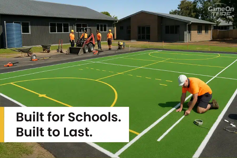 Workers installing turf court on school grounds with painted court lines.