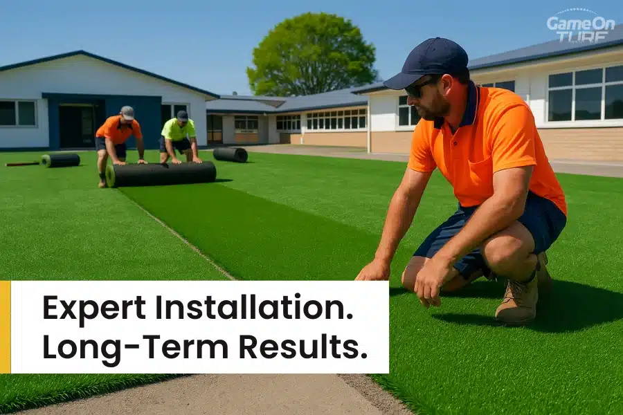 Workers installing synthetic turf on school sports ground.