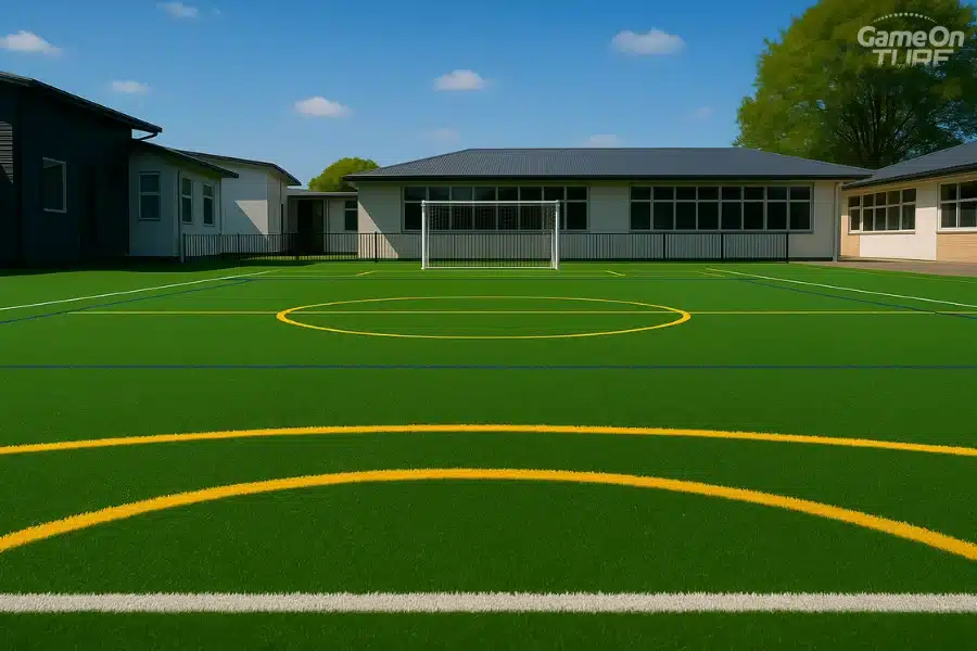 Wide view of turf court with yellow circles and blue markings at school.