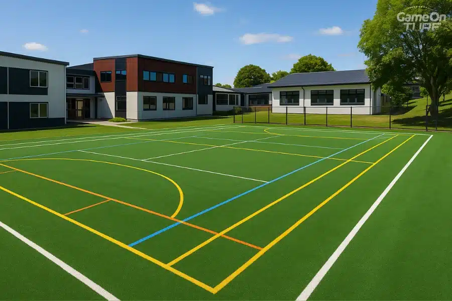 Bright green turf court with yellow and blue lines beside school building.
