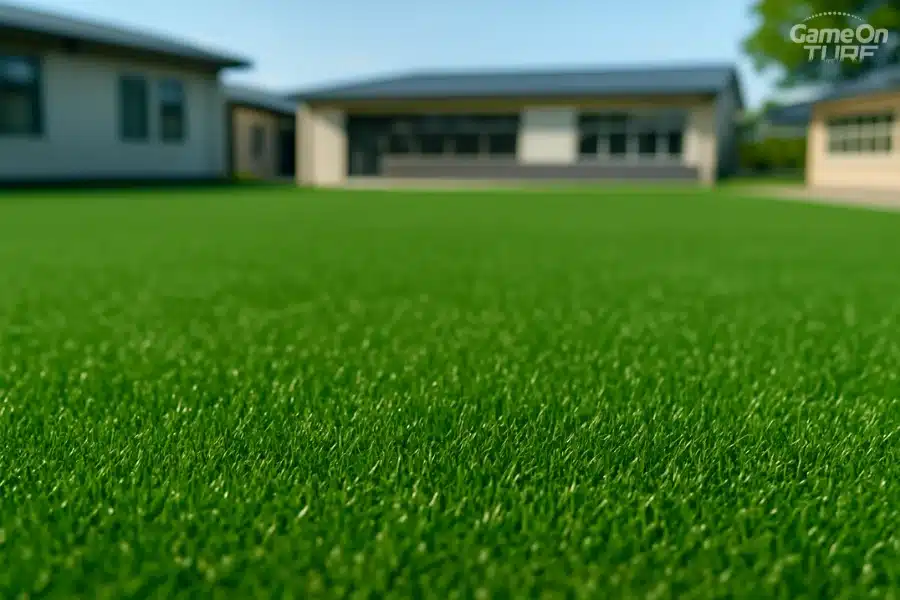 Close-up of synthetic grass on school field.