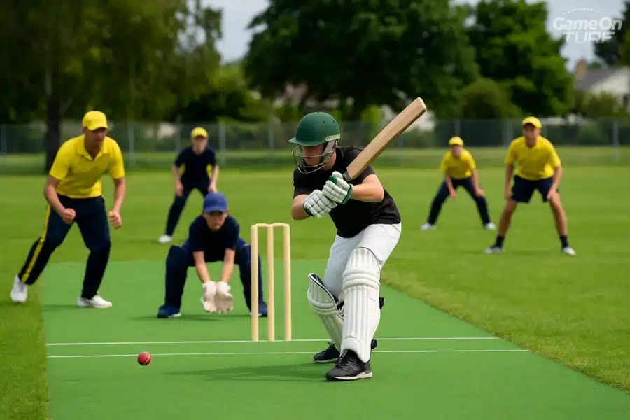 Cricketer in black batting on green turf surrounded by fielders.