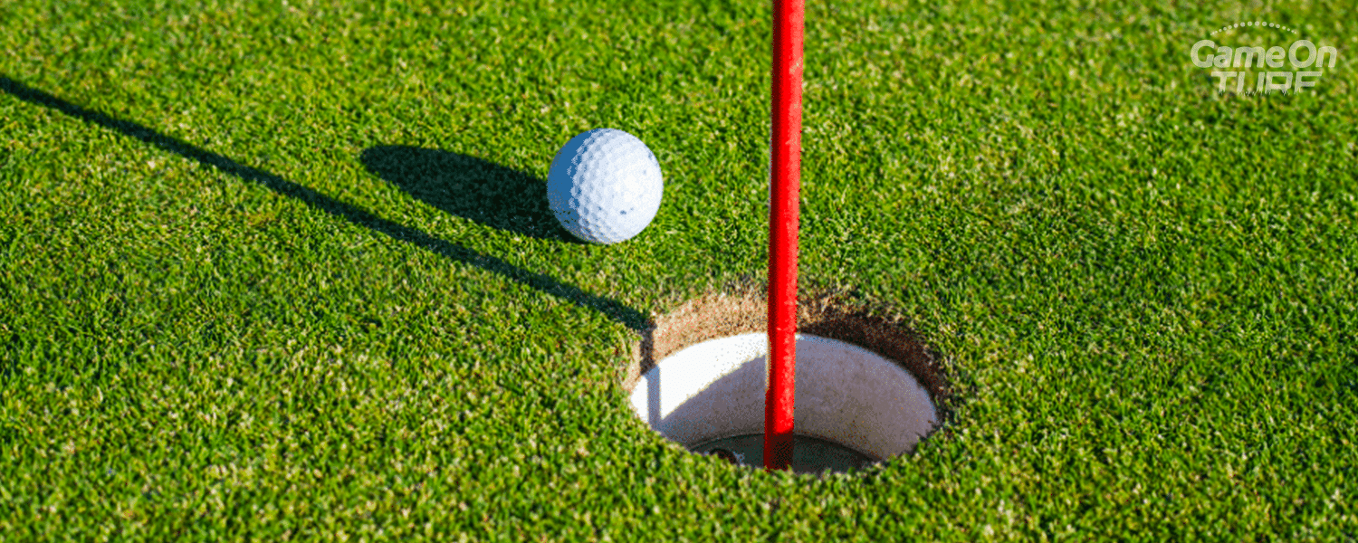 Close-up of a golf ball rolling toward a cup on artificial turf in NZ, with a red flagstick and sharp shadow