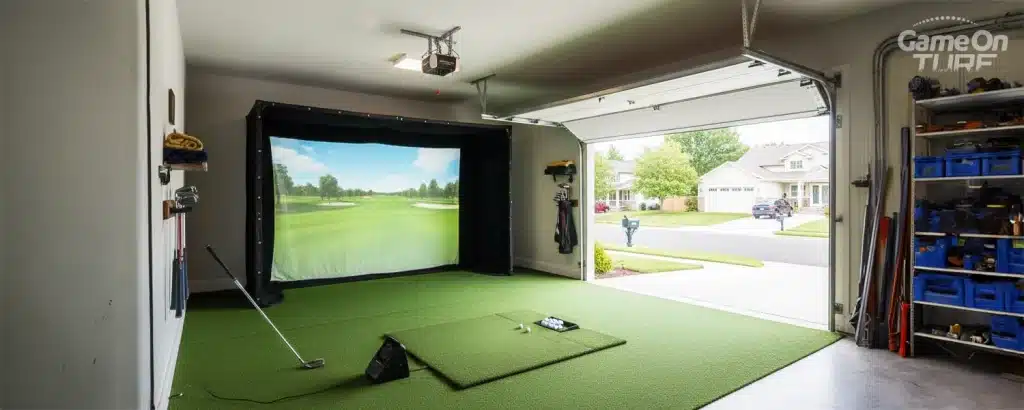 Garage golf simulator with artificial turf floor and a putting mat, showing a best indoor putting green setup with open roller door and street view.