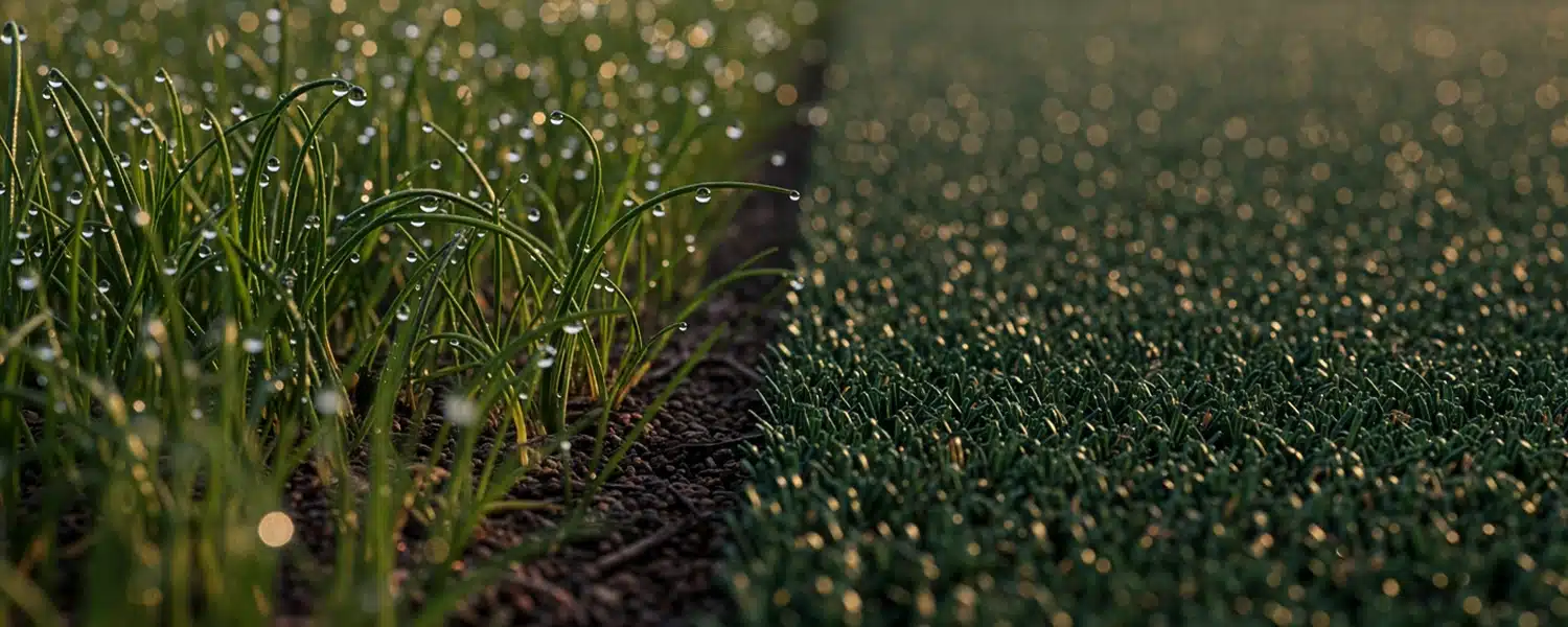 Artificial golf green beside natural grass with dew in New Zealand