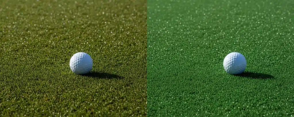 Golf balls on artificial and natural greens in a side-by-side surface comparison