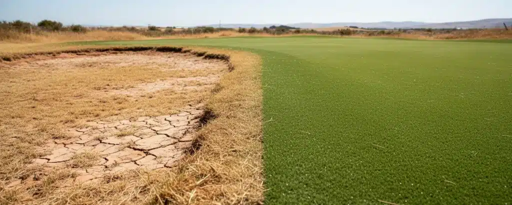 Artificial golf green beside dry natural grass in a side-by-side comparison