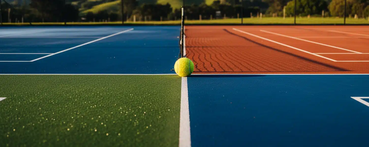Tennis ball on mixed tennis court surface showing acrylic and synthetic turf