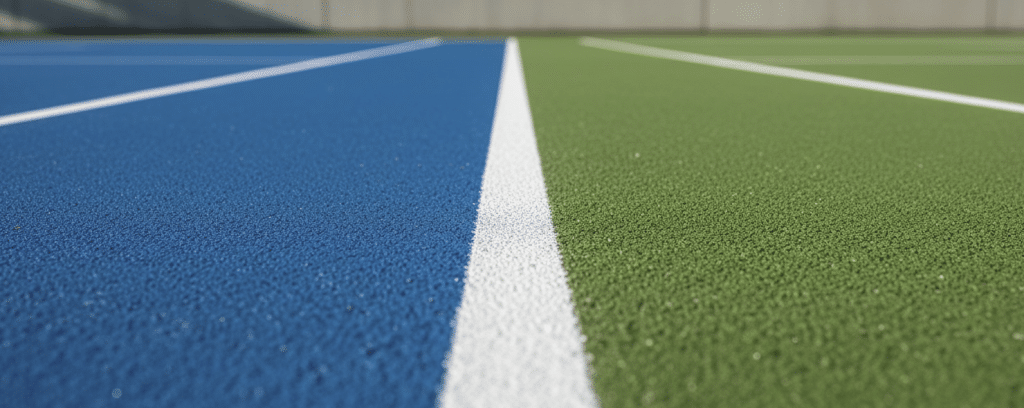 Tennis ball on mixed tennis court surface showing acrylic and synthetic turf